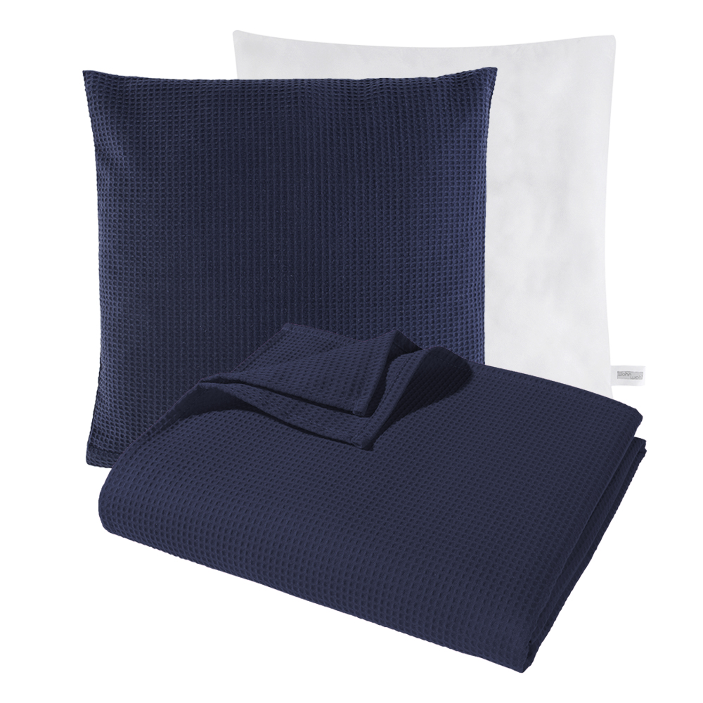 2x Kissen und Decken Set aus Waffelpiqué 100% Baumwolle Blau