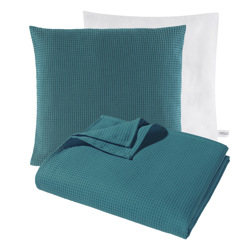 2x Kissen & Decken Set aus Waffelpiqué 100% Baumwolle Türkis