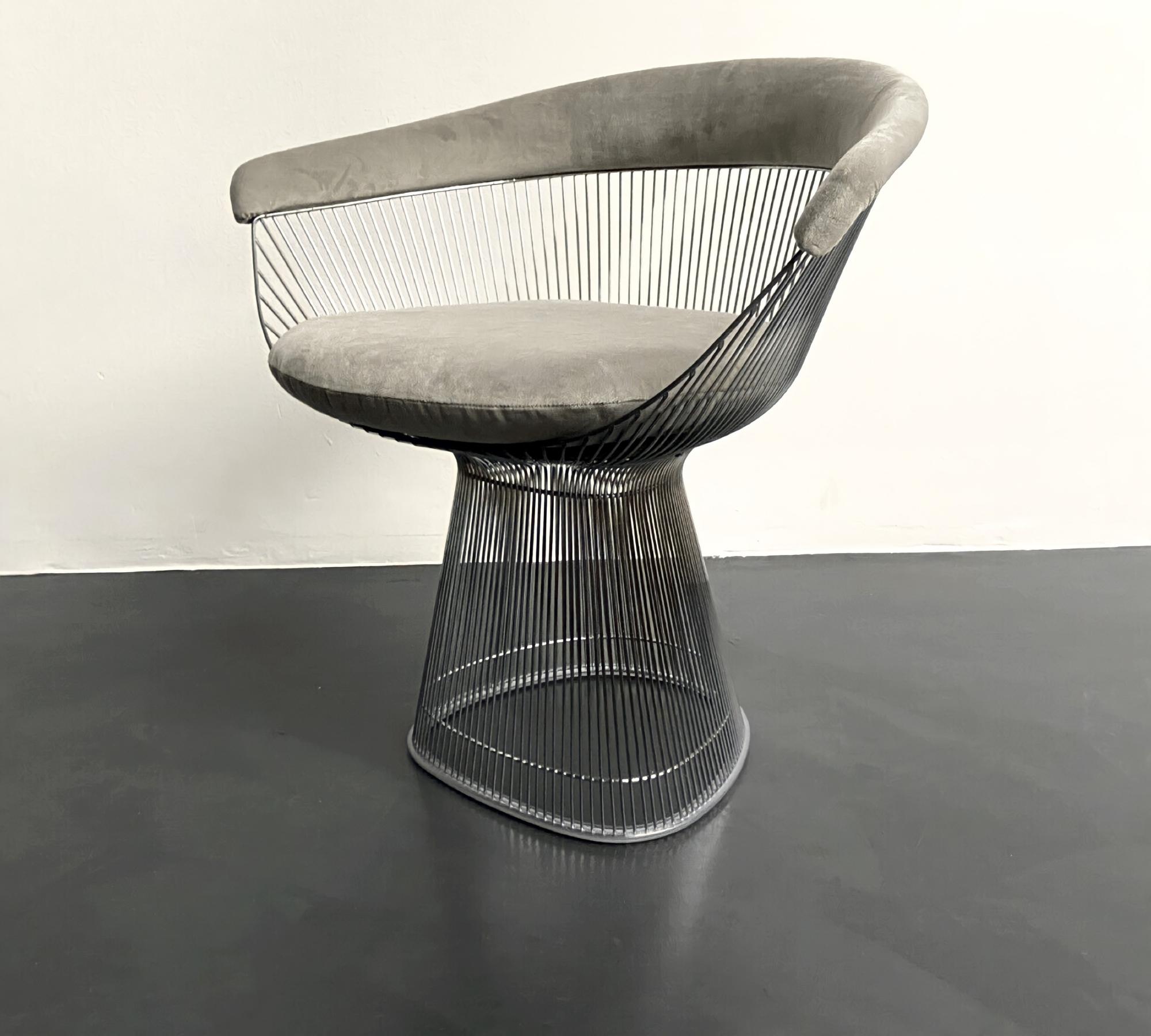 Platner Arm Chair aus Stahl in Silberoptik und Grauem Samt