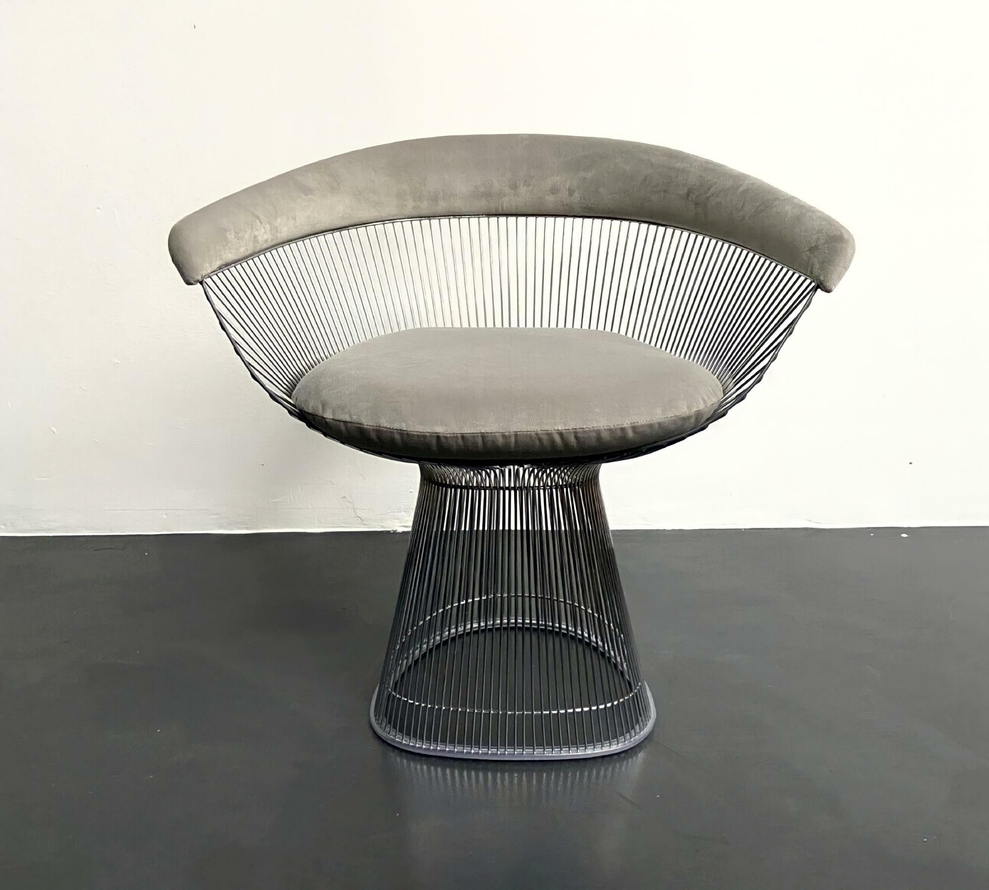 Platner Arm Chair aus Stahl in Silberoptik und Grauem Samt 1