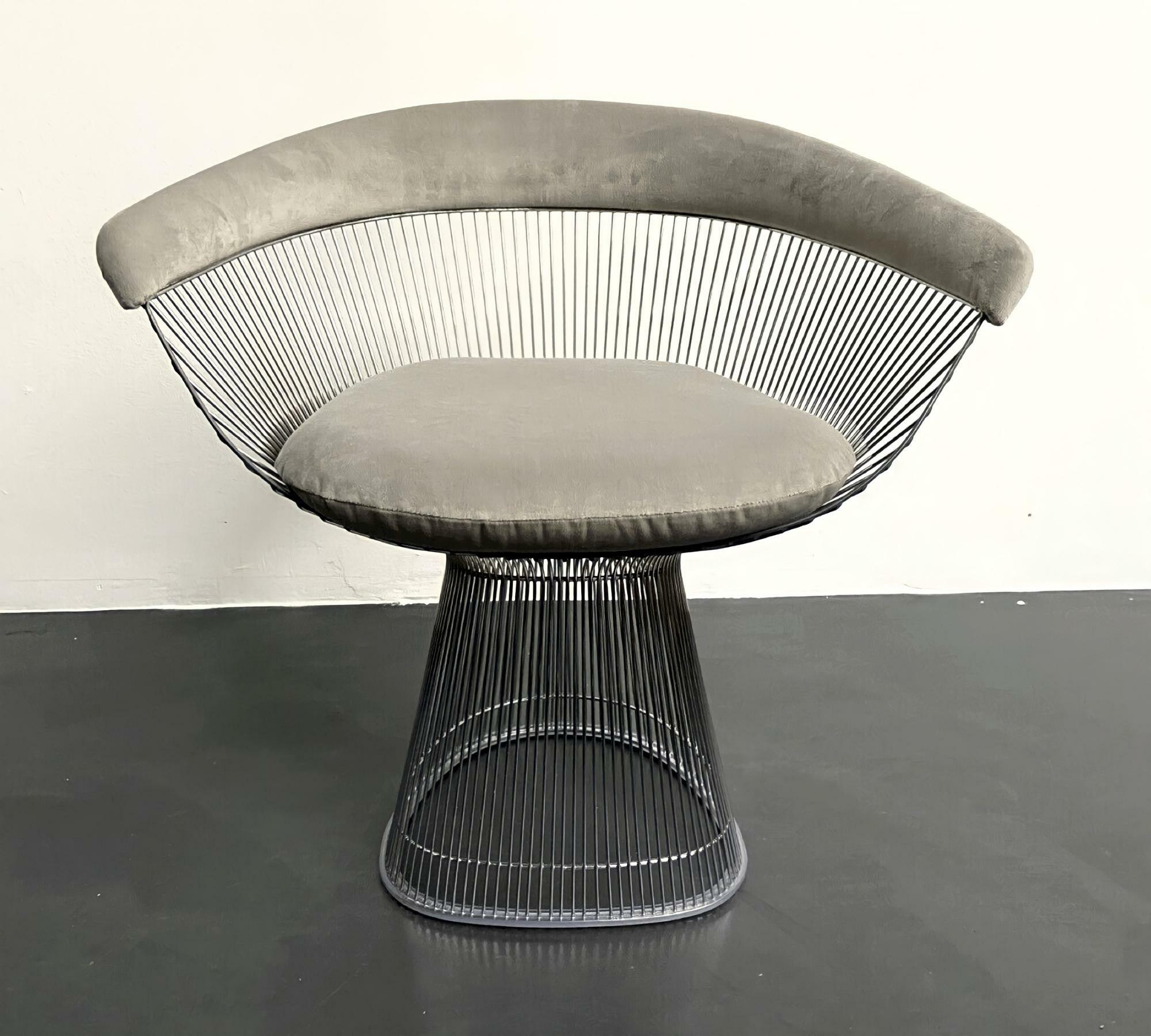 Platner Arm Chair aus Stahl in Silberoptik und Grauem Samt 0