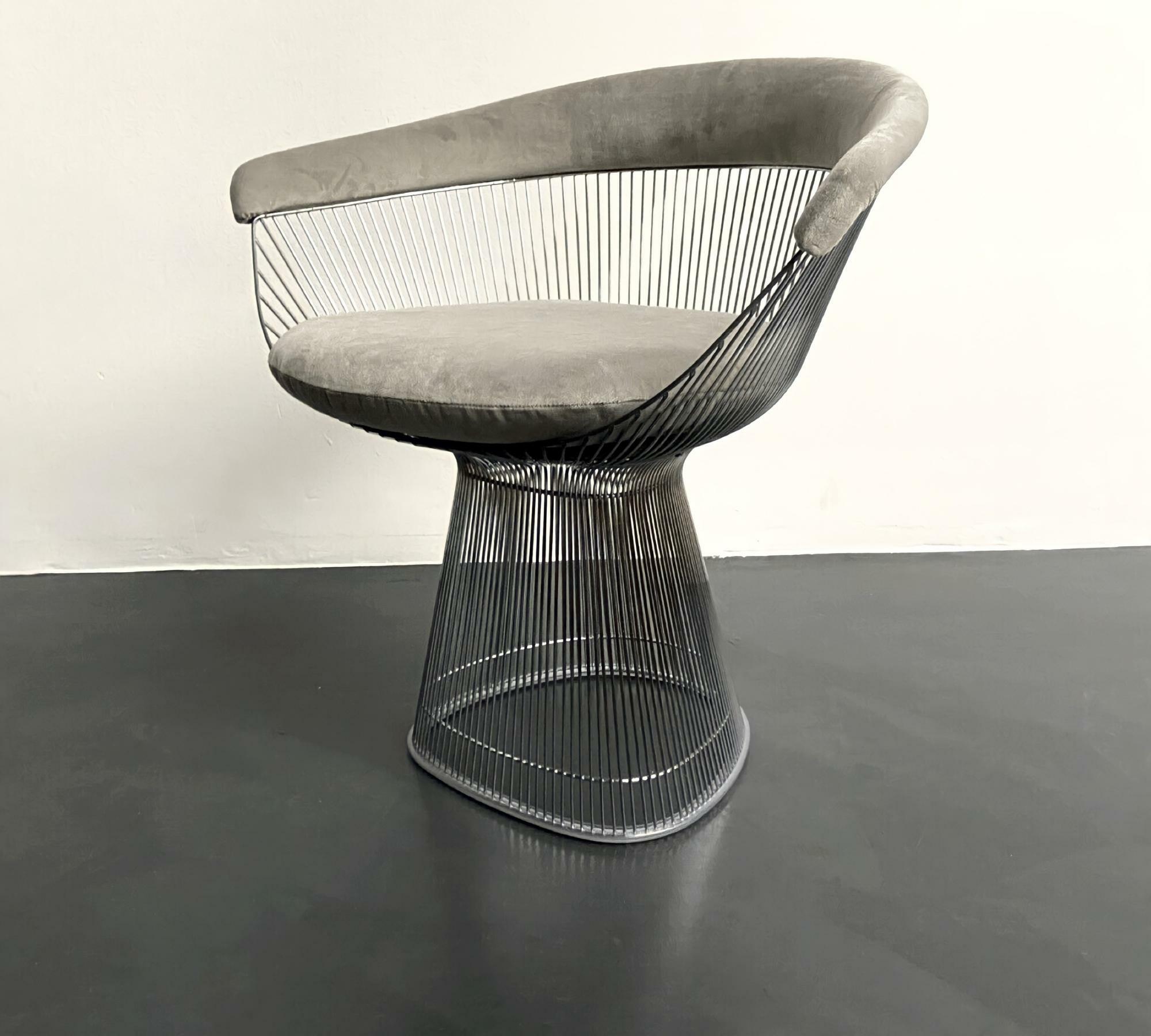 Platner Arm Chair aus Stahl in Silberoptik und Grauem Samt 2